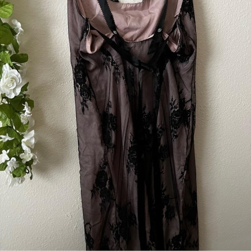 Anthropologie Mauve Nude Black Lace Overlay Side Slit Slip Dress - Picture 9 of 14